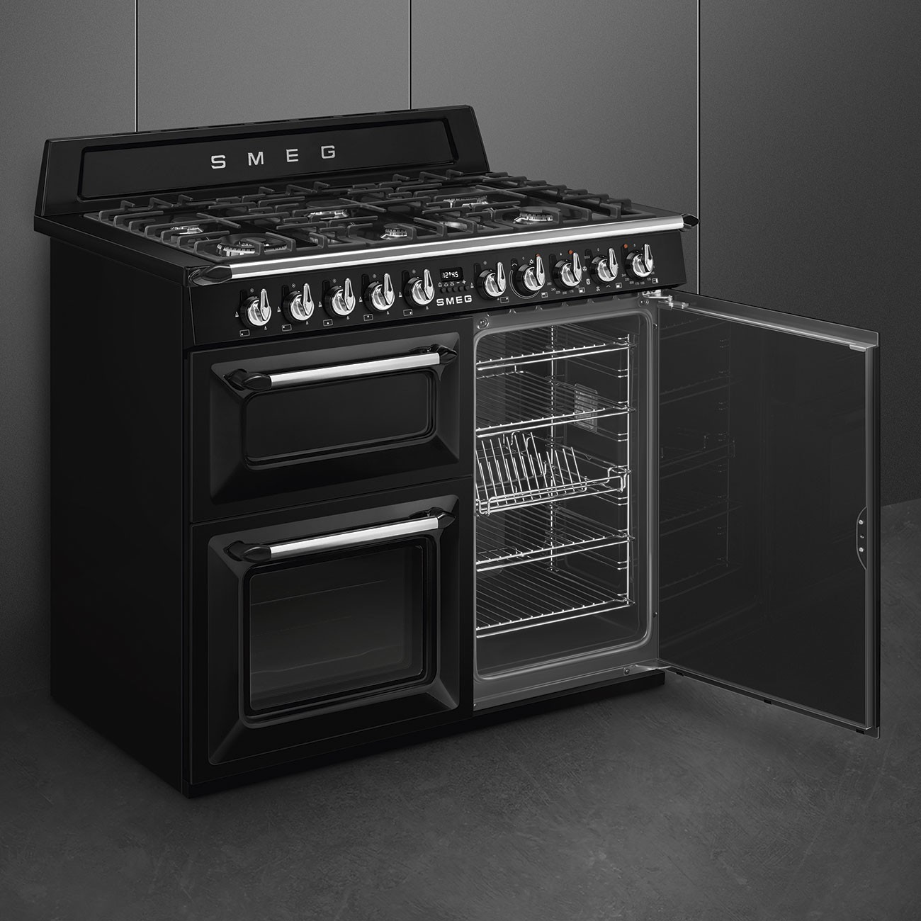 Smeg Cocina Victoria TR103BL 3 Hornos Termoventilado Gas 6 Fuegos Negra 61L Clase A - Imagen 4