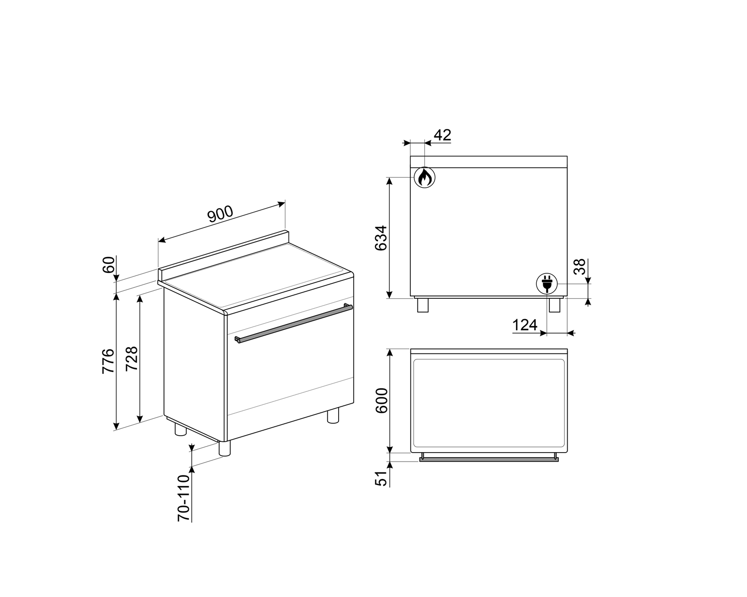 Smeg Cocina SX91GM 5 Fuegos Gas Horno Multifunción Inox 115L 90cm Clase A - Imagen 2