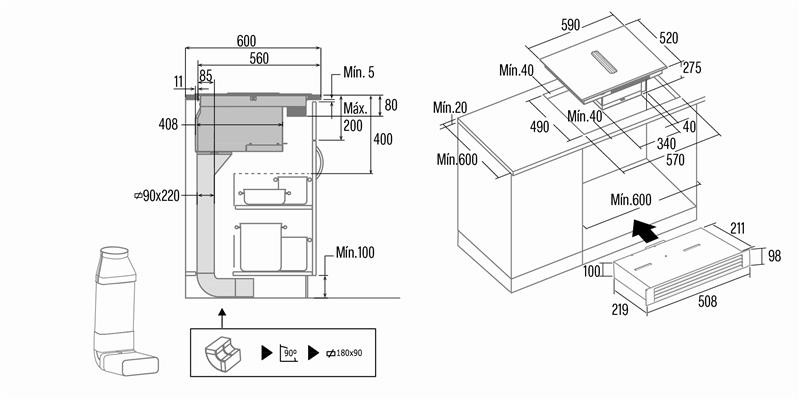 Cata Placa Inducción AS600 Flex 60cm Extractor Integrado 4 Zonas Clase A+ - Imagen 2